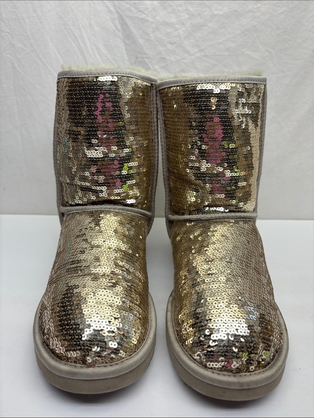 UGG Gold Sequin Women’s Short Winter Boots, SZ 9, box 3 G